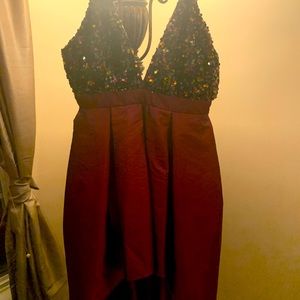 Beautiful burgundy New Years dress- high-low design, sequins at the top